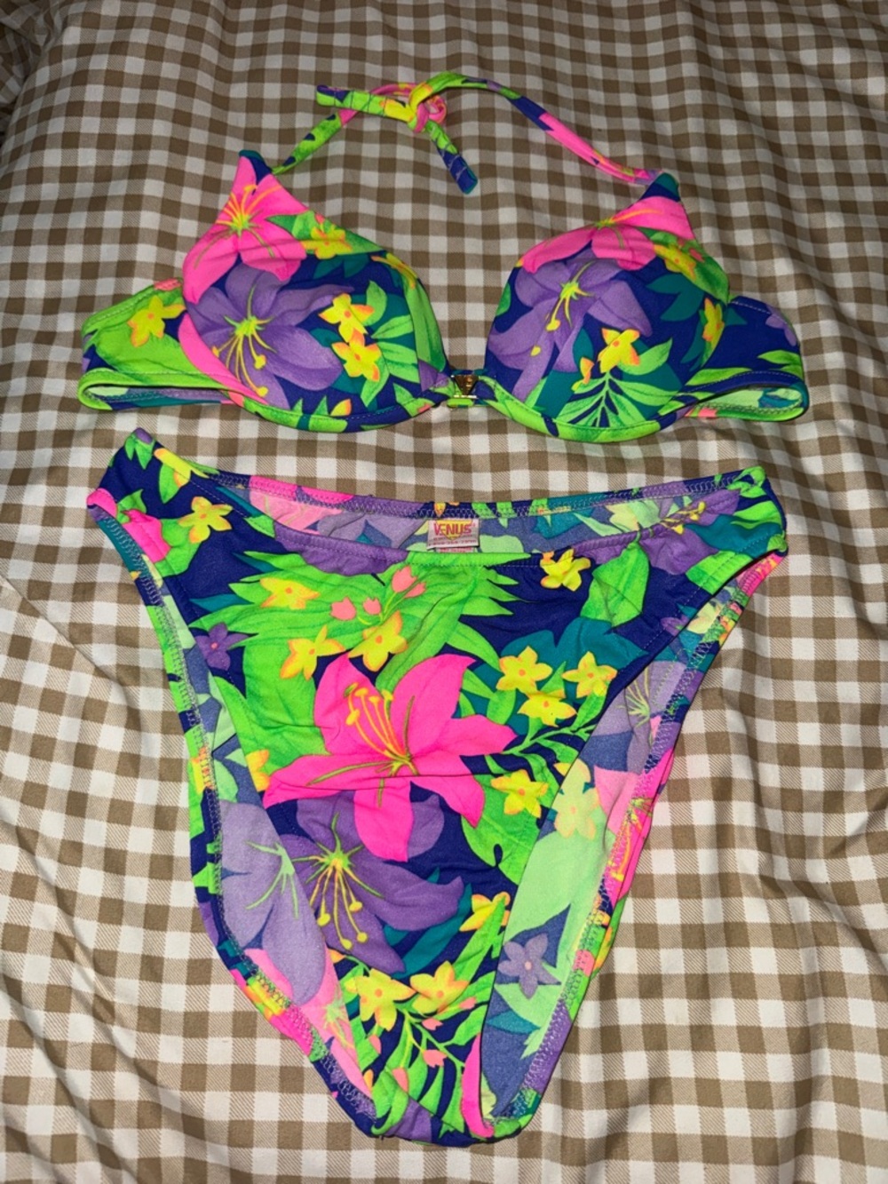 VENUS Vintage Neon Floral Swim High Waisted Bikini in Pink, Green & Purple